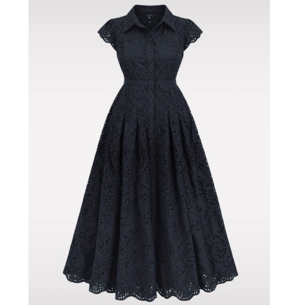 White House Black Market Black Eyelet Midi Shirtdress Size 00 Button Front NWT